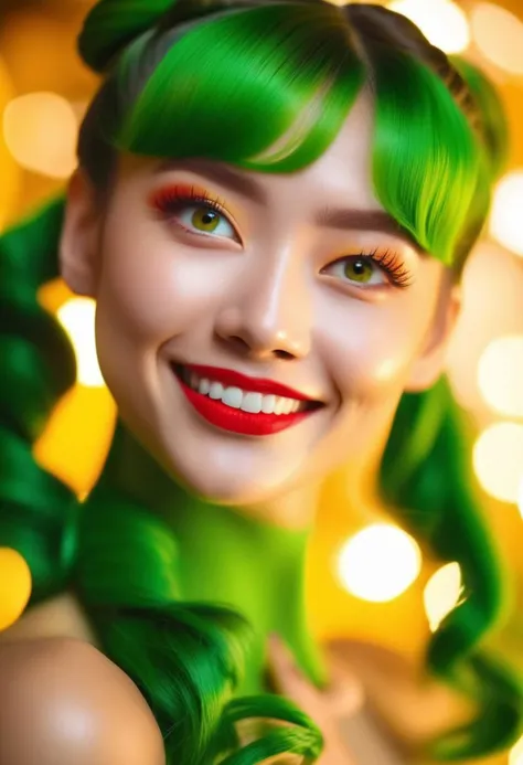 RAW photo, (green skin:1.6)  full body 8k uhd,soft lighting, high quality, film grain, cinematic film still, ((((receiving present)))) , excited expression, (excited emotional display 1.6), happy,  thankful,  solid colored skin, painted skin, copper hair, ...