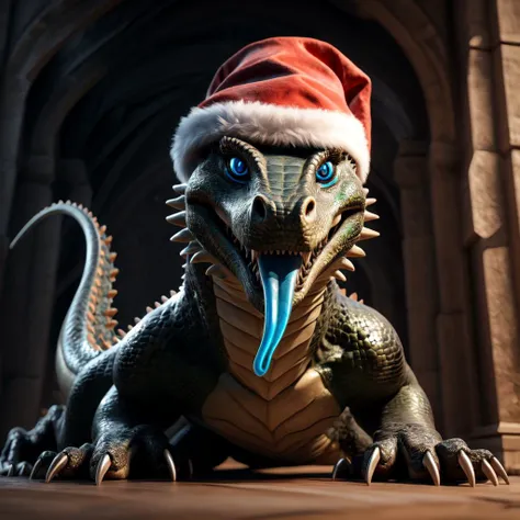 a close up of a dinosaur wearing a santa hat