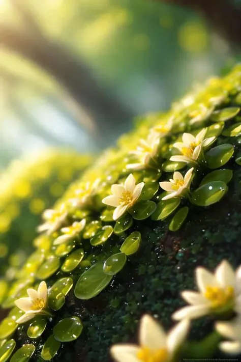 there are many small white flowers growing on a mossy surface