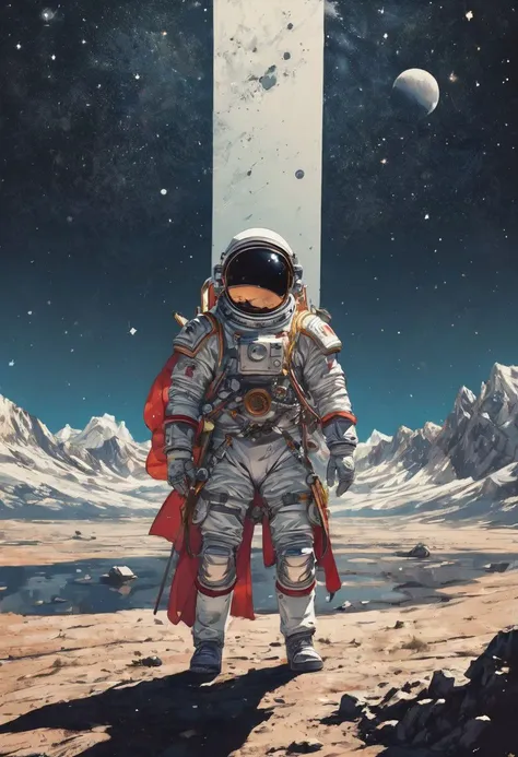 a painting of an astronaut standing on a planet with a flag