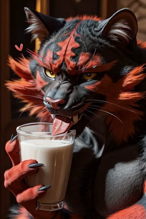 araffe cat with red and black fur drinking milk from a glass