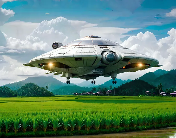 spaceship flying over a rice field with a mountain in the background