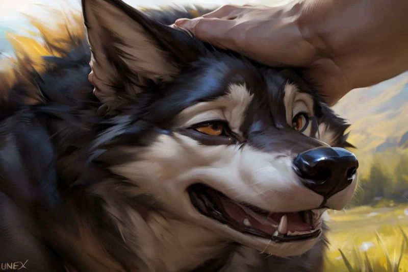 painting of a dog being petted by a person in a field