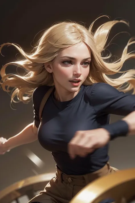 a woman in a black shirt and tan pants is running