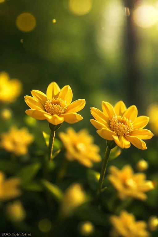 yellow flowers in a field with a forest in the background