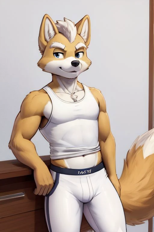 Furry Fox McCloud, male, white yoga shirt, white yoga pants, navel