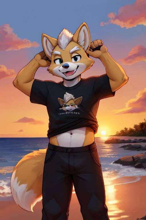 a cartoon fox with a black shirt and black pants standing on a beach