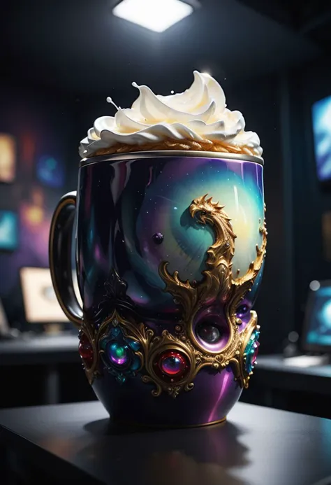 there is a purple cup with whipped cream on top of it