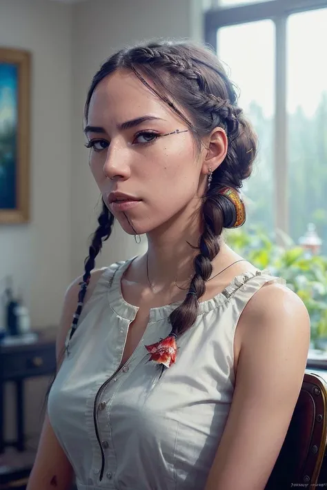 photo of sks woman with braided pigtails wearing white top, a woman as a movie star, modelshoot style, (extremely detailed CG unity 8k wallpaper), photo of the most beautiful artwork in the world, professional majestic oil painting by Ed Blinkey, Atey Ghai...