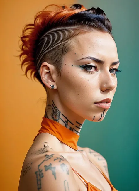 analog style, modelshoot style, portrait of sks woman by Flora Borsi, style by Flora Borsi, bold, bright colours, orange Mohawk haircut, ((Flora Borsi)), <lyco:quannahChasinghorse:1.3>