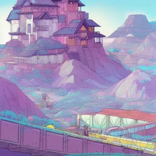 cartoon of a house in a mountain with a train passing by