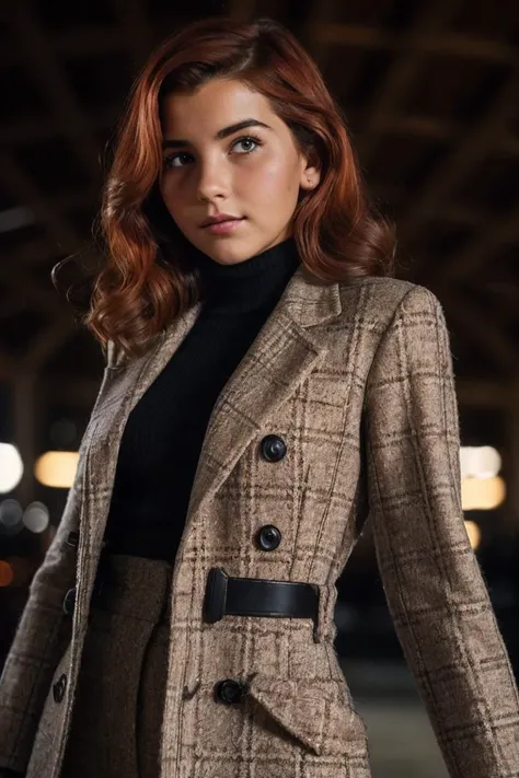 photo of Ag4th4V3g4_HM-135, a woman, perfect hair, (modern photo), wearing tweed coat, blouse, khaki pants, 150mm medium telephoto (analog, cinematic, film grain:1.3), VR Battle Arena, Immersive arena with hyper-realistic simulations, futuristic weapons, a...