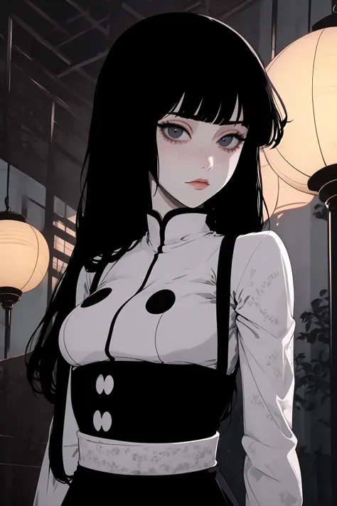 anime girl with long black hair and white shirt standing in front of a lamp