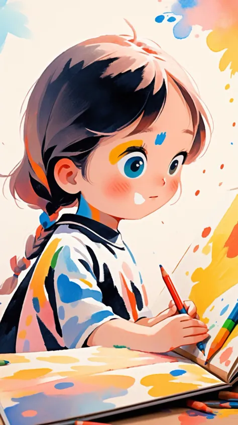 painting of a little girl with a book and a pencil