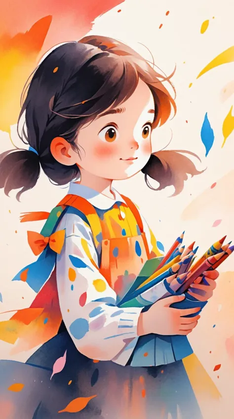 a girl holding a bunch of colored pencils in her hands