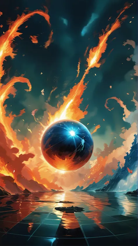 a painting of a blue ball with fire coming out of it