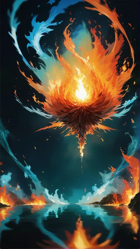 a painting of a fire bird flying over a lake