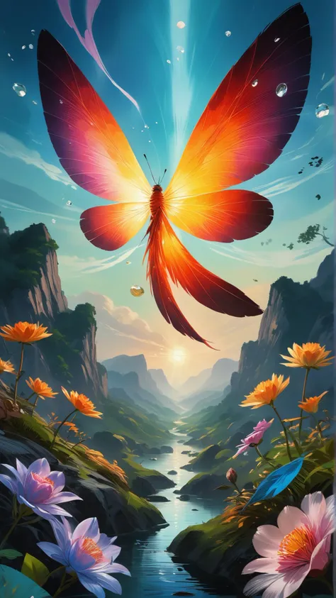 a painting of a butterfly flying over a river with flowers