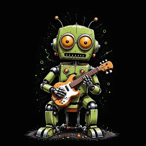 a close up of a robot with a guitar in his hands