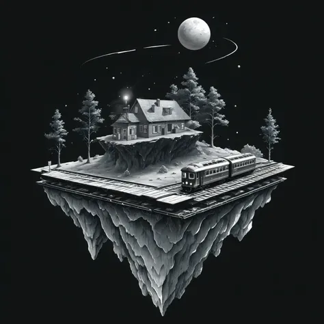 a black and white drawing of a house on a floating island