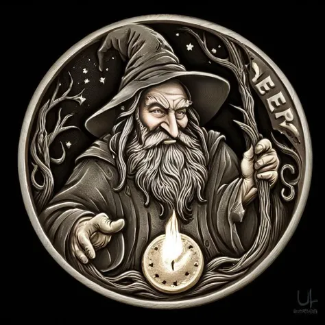 a close up of a metal coin with a wizard holding a candle