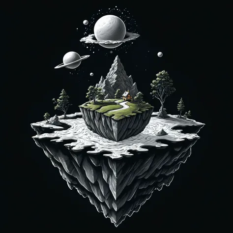 a black and white drawing of a floating island with planets