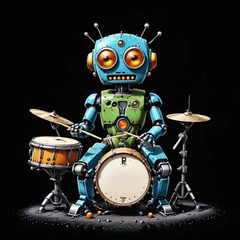 a close up of a robot playing drums on a black background