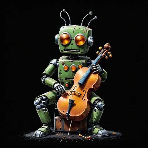 a close up of a robot with a violin on a black background