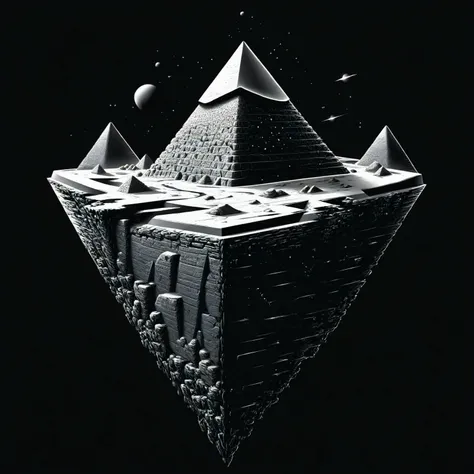 a black and white photo of a pyramid with a moon in the background