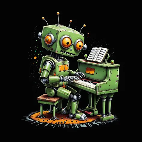 a close up of a robot playing a piano on a black background