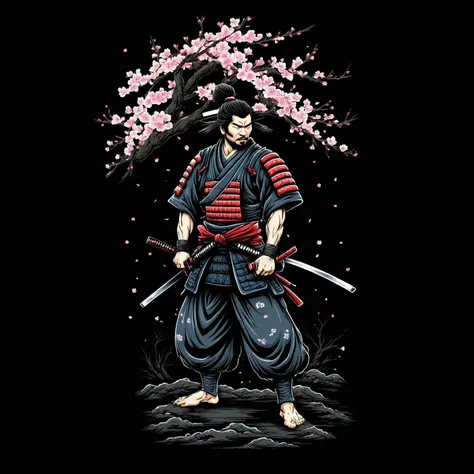 a man in a samurai outfit holding two swords under a cherry tree