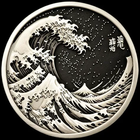 a close up of a coin with a wave on it