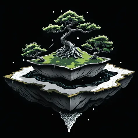 a tree on a floating island with a waterfall and a waterfall