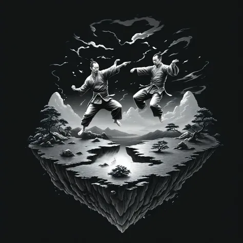 a black and white illustration of two men in the air with a mountain in the background