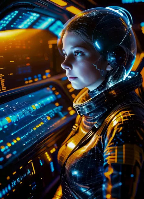 a woman in a futuristic suit looking at a computer screen