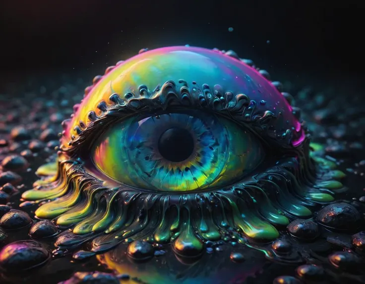 a close up of a colorful eye with water droplets on it