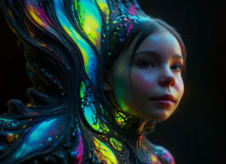 a close up of a young girl with a colorful hair