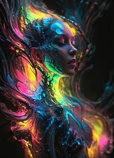 a woman with glowing hair and a colorful dress