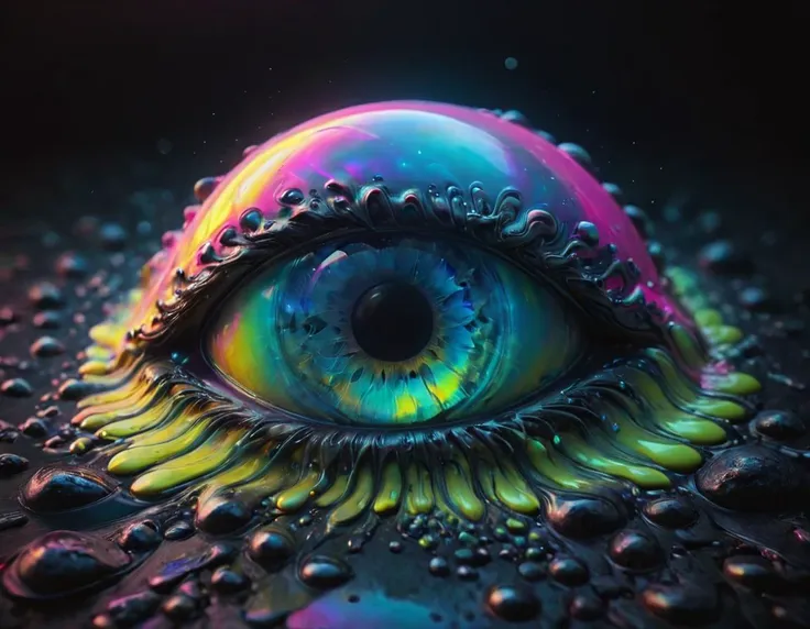 a close up of a colorful eye with water droplets on it