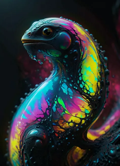 a close up of a colorful lizard statue on a black background