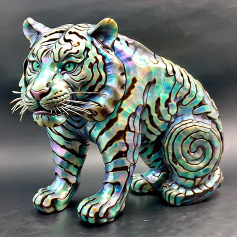 a close up of a tiger statue on a black surface