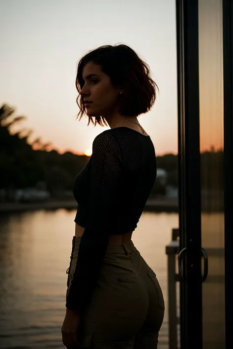 arafed woman standing in front of a glass door at sunset