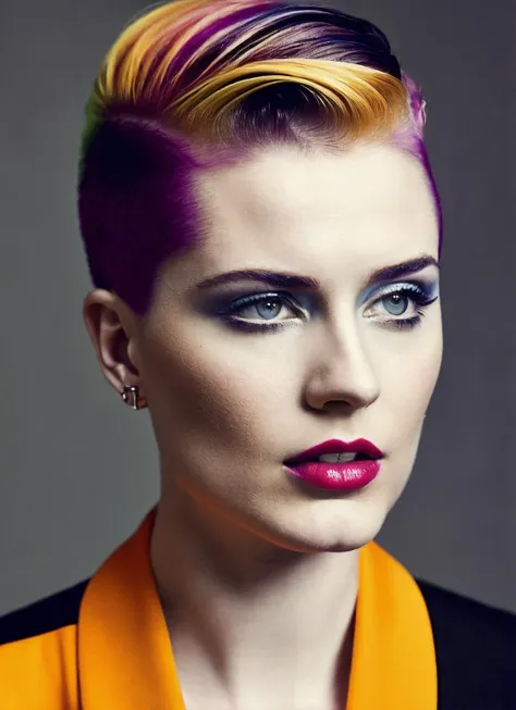 analog style, modelshoot style, portrait of sks woman by Flora Borsi, style by Flora Borsi, bold, bright colours, rainbow Mohawk haircut, ((Flora Borsi)), <lora:locon_evan_v1_from_v1_64_32:1.25>