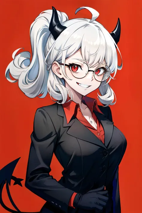 <lora:pandemonica-10:0.7> pandemonica(helltaker), 1girl, solo, looking at viewer, smile, large breasts, simple background, shirt, red eyes, gloves, long sleeves, ponytail, ahoge, white hair, horns, glasses, teeth, black gloves, collared shirt, medium hair,...