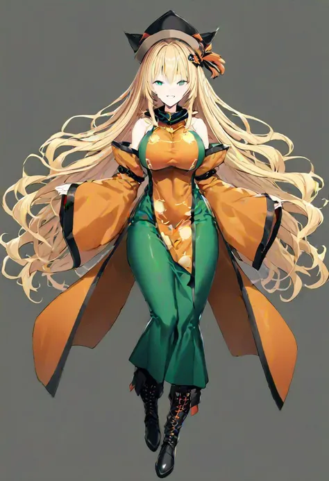 masterpiece, best quality, ultra-detailed, beautiful, nai3, 1girl, solo, full_body, tachi-e, 
matara_okina, solo, 1girl, blonde_hair, wavy_long_hair, large_breasts, green_skirt, black_boots, tabard, hat, orange_cape, brown_headwear, black_headwear, wide_sl...