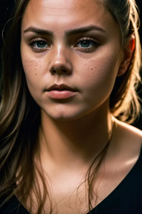 (Lieke_MartensV1), ,close-up, editorial photograph of a woman wearing a blouse, (background inside dark, moody, private study:1.3) , POV, by lee jeffries, nikon d850, film stock photograph ,4 kodak portra 400 ,camera f1.6 lens ,rich colors ,hyper realistic...