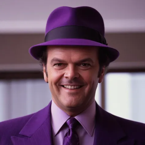 cinematic film still of  <lora:1980s style:1>
In the 1980s jack nicholson a creepy man in a purple suit and tie with a purple hat,solo,looking at viewer,smile,shirt,1boy,hat,jacket,male focus,necktie,teeth,collared shirt,indoors,blurry,blurry background,fo...