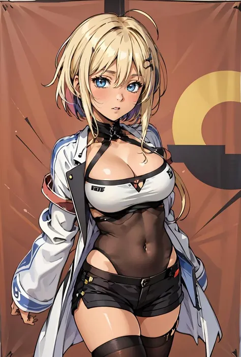 (masterpiece, best quality), 1girl,  <lora:Marblehead:0.8> Marblehead, 1girl, solo, blue eyes, blonde hair, dark-skinned female, large breasts, hair ornament, black thighhighs, long sleeves, cleavage, ahoge, sidelocks, open clothes, short shorts, hairclip,...