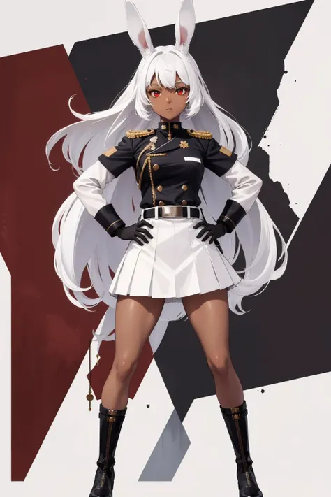 1girl, rabbit ears, rabbit girl, red eyes, dark-skinned female,dark skin,animal ears, white hair, white military uniform, white skirt, belt, hand on hip, gloves, boots