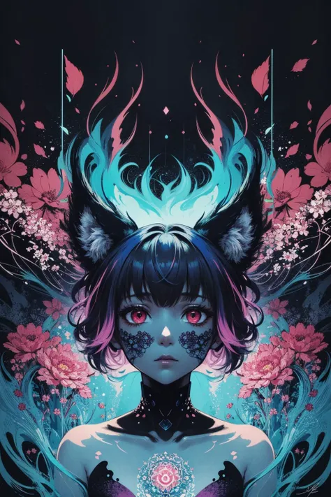 (abstract art:1.2), fractal art, psychedelic art, (style of Yuko Shimizu:1.1), aqua theme, dark theme, 1girl, flowers, animal ear fluff, (neon color), hyper fusion, cyber, hair ornament, somber expression, dark purple accent, masterpiece, best quality, ult...